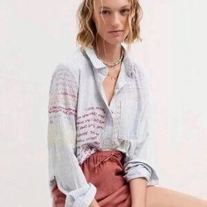 Anthropologie Pilcro Embroidered The Cate Oxford Words Button Down Shirt M